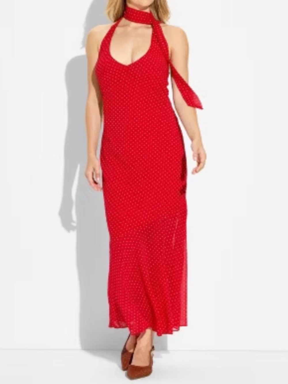 Red Polka Dot Halter Maxi Dress with Scarf Neck